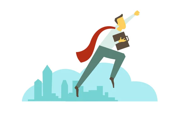 Superhero man businessman flies over the city. Success and victory. In red cloak with briefcase. Vector illustration. — Stock Vector