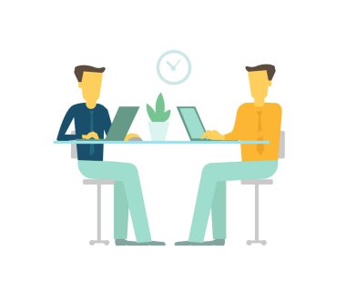 Office iki kişi sit Resepsiyon çalışma iş adamları takım.