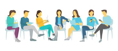 Kadın ve erkek sandalyelere oturan yedi kişi ayarlama iş