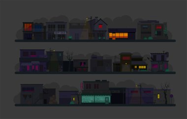 Gece şehir sokak. Mimari yapılar kümesi. Düz vektör grafikleri. Binalar kafe, fenerler ve karanlıkta çeşitli ayrıntılar bir sürü