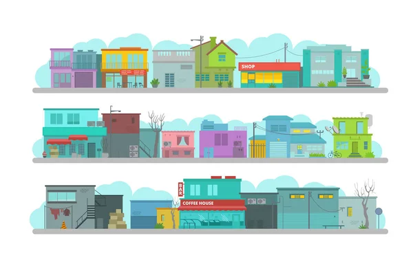 Calle larga de la ciudad. Conjunto de edificios arquitectónicos de la ciudad. Gráficos vectoriales planos. Una gran cantidad de varios detalles feliz vector plano brillante — Vector de stock