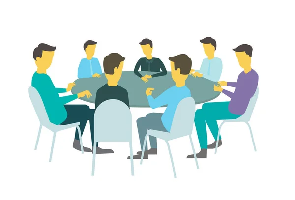 A mesa redonda fala de brainstorm. Equipe de negócios reunião conferência sete pessoas. fundo branco estoque ilustração vetor — Vetor de Stock