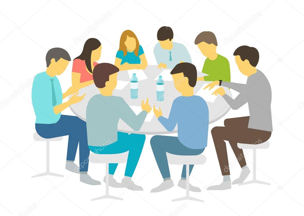 Round table talks brainstorm. Team business people meeting conference eight people. White background stock illustration vector Refresher courses
