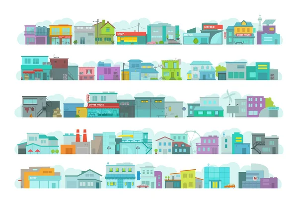 Conjunto de edificios arquitectónicos de la ciudad. Calle larga de la ciudad. Gráficos vectoriales planos. Una gran cantidad de varios detalles — Vector de stock