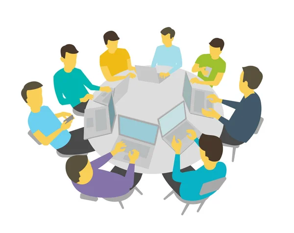 Conversaciones de mesa redonda. Grupo de personas equipo de estudiantes teniendo reunión conferencia. Fondo blanco stock ilustración vector — Vector de stock