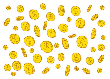 Altın beyaz bir arka plan üzerinde dolar paraları. El ile çizim