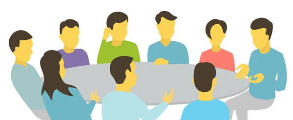 Conversaciones de mesa redonda. Equipo de gente de negocios reunión conferencia nueve personas. Fondo blanco stock ilustración vector — Archivo Imágenes Vectoriales