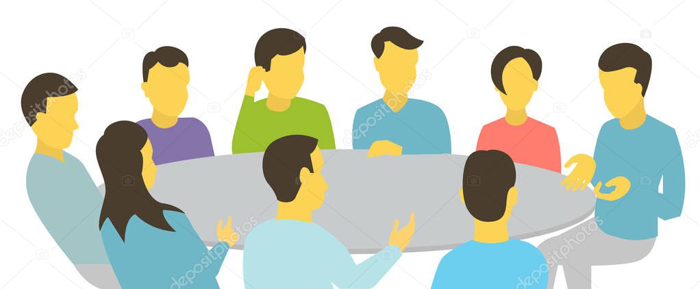 Round table talks. Team business people meeting conference nine people. White background stock illustration vector