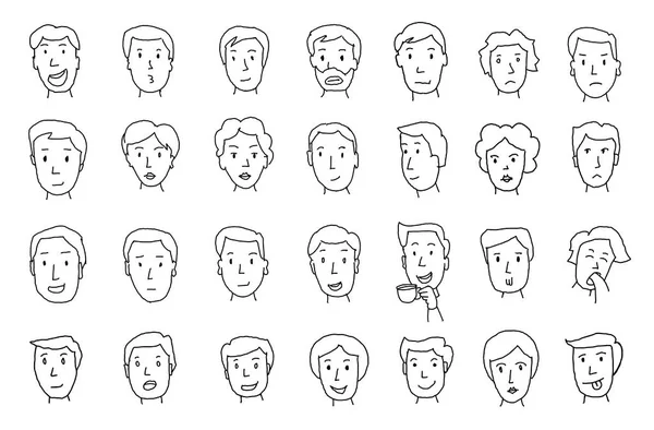 Set of peoples faces. Different emotions. Painted by hand. Lines in pencil sketch — Stock Vector