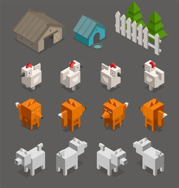 Fox pollo perro final personaje 3d conjunto isométrico para el juego de arcade. Granja, cerca de la perrera y árbol de poli baja — Vector de stock