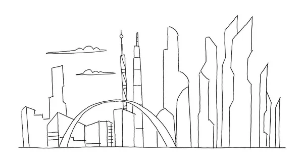 Grand gratte-ciel de la ville futur croquis. Illustration de ligne de stock vectorielle dessinée à la main. Architecture du bâtiment paysage. Centre d'affaires . — Image vectorielle