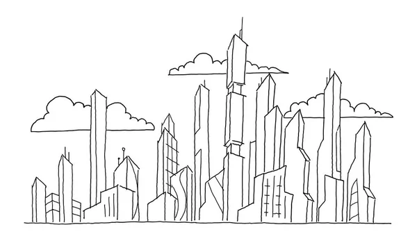 大きな未来都市の超高層ビル スケッチ高層ビル。手には、ベクトル ストック ライン図が描かれました。モダンな建築風景. — ストックベクタ
