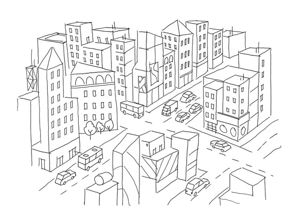 Straßenkreuzungsskizze. Verkehrsansichten. Autos beenden Gebäude von oben. handgezeichnete Vektor Stock Line Illustration. — Stockvektor