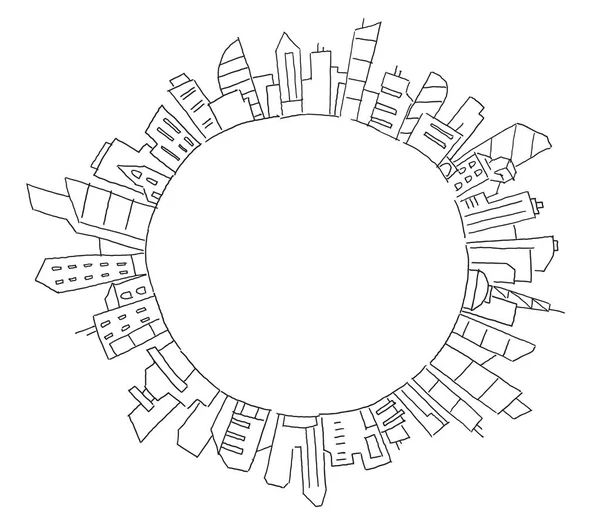 City panorama drawing in circle round. Place for text. Hand drawn sketch vector stock line illustration. Building architecture landscape. — Stock Vector