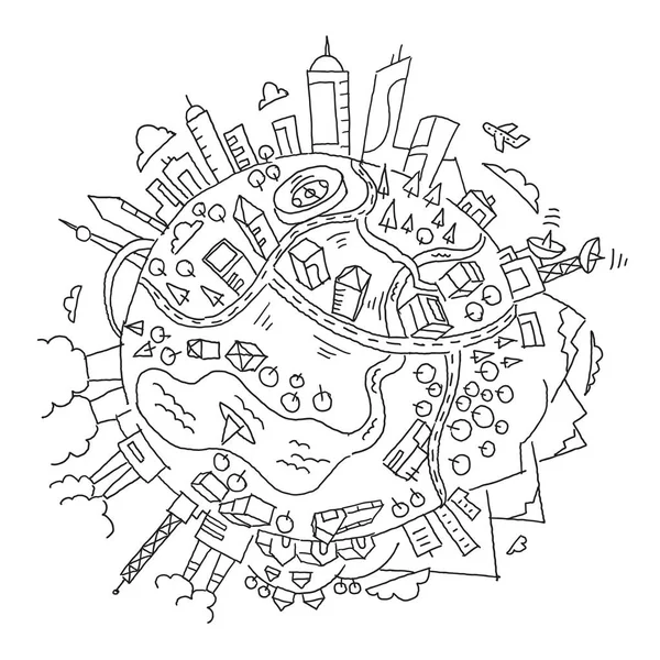 Круглая иллюстрация планета Земля. Город, горы, заводы и здания. Ручной рисунок векторного наброска . — стоковый вектор