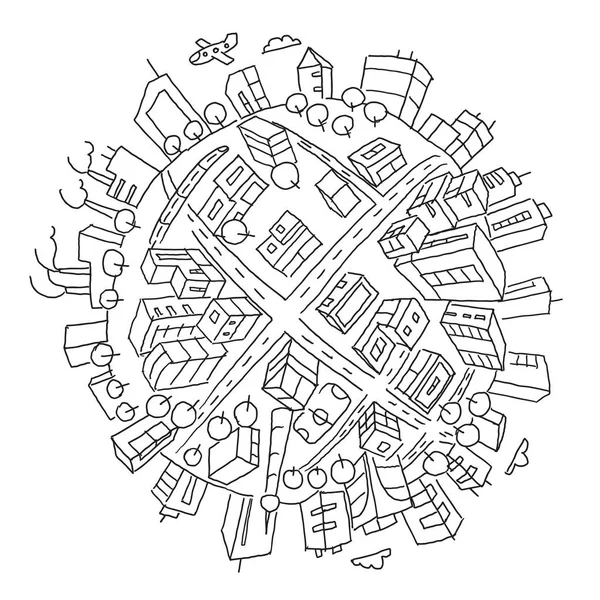 Bâtiments urbains ronds illustration monde planète Terre. Illustration vectorielle dessinée à la main. La ville sur le ballon. Comme un fisheye . — Image vectorielle