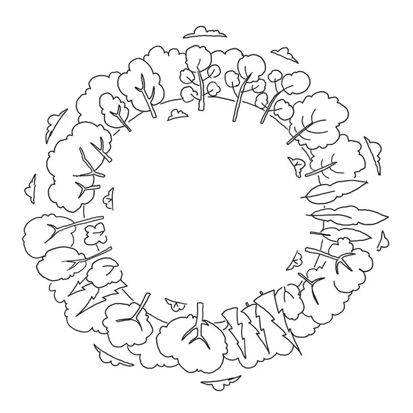 树木森林画圆圆全景。文本的位置。手绘素描矢量股票黑线插图景观. — 图库矢量图片