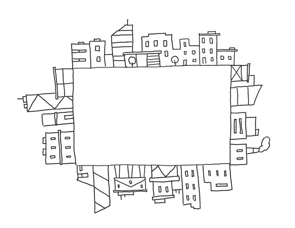 城市全景图在长方形正方形区域。文本的位置。手绘草图矢量股票线插图。建筑景观. — 图库矢量图片