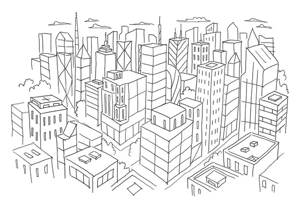 Vue sur la grande ville depuis le croquis du haut. Illustration de ligne de stock vectorielle dessinée à la main. Architecture du bâtiment paysage . — Image vectorielle