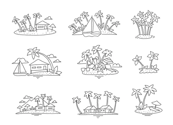 Palm ilha praia paraíso definido. Turismo resto oceano ilustração set. Férias de bungalow mar. Desenhado à mão . — Vetor de Stock