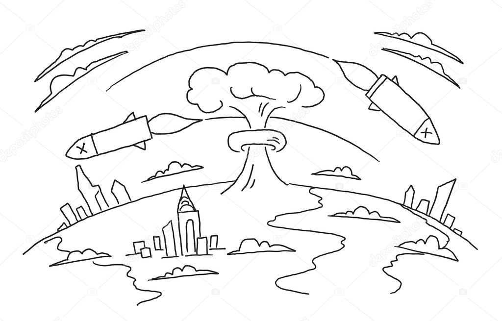 Nuclear war hand-drawn sketch. Nuclear weapons. Bombs of a rocket fly over the planet. Hand drawn vector stock illustration.