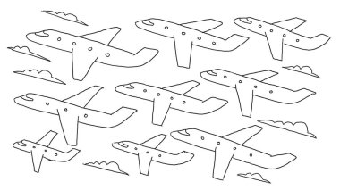 Çizilmiş kroki. Şerit hava uçuşlar havayolu afiş sinek. El çekilmiş siyah çizgi clipart