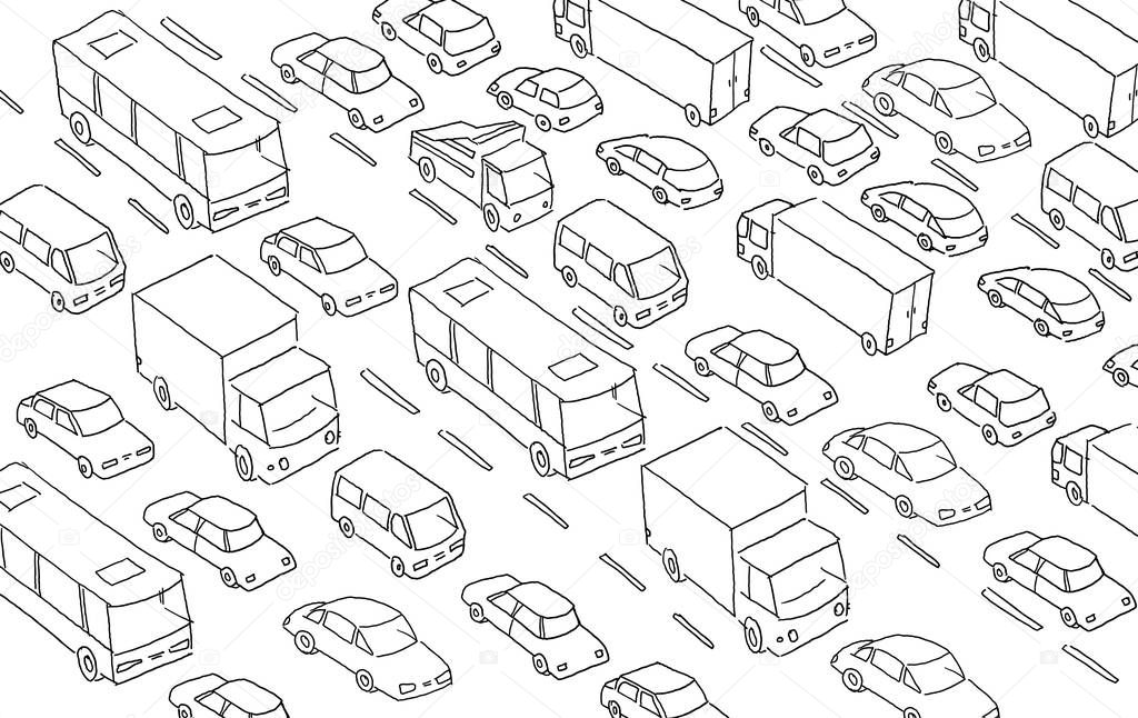 Sketch traffic jam car plug transport highway. Hand drawn black line