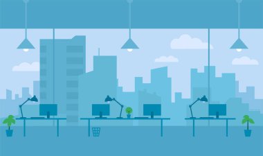 Ofis pencere şehir manzaralı. Çalışma alanı