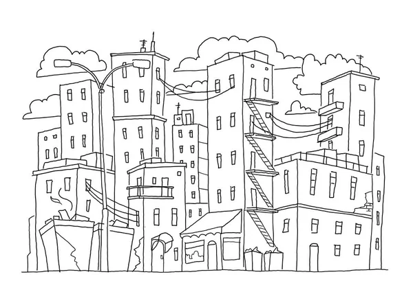 Alte Stadtgebäude skizzieren die Stadt. Häuser mehrstöckig im Freien Straßenfenster. Handgezeichnete schwarze Linie — Stockvektor