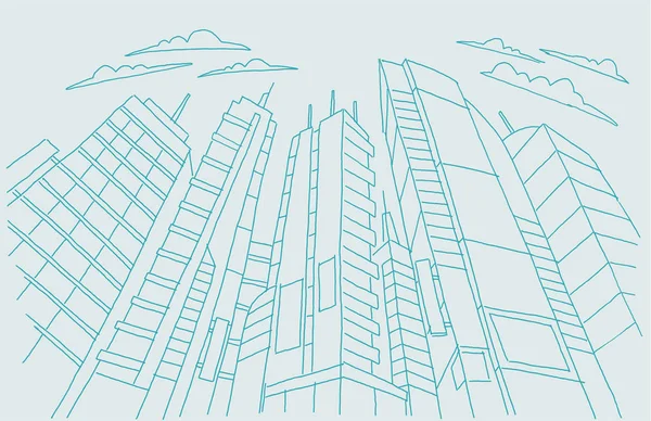Grand gratte-ciel de la ville dessiner des bâtiments. Coups de squelette ligne bleue Paysage d'architecture moderne. Illustration vectorielle dessinée à la main . — Image vectorielle