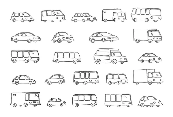 Conjunto de bosquejo diferentes coches transparentes autobuses y camiones Dibujado a mano negro línea vector stock ilustración . — Archivo Imágenes Vectoriales