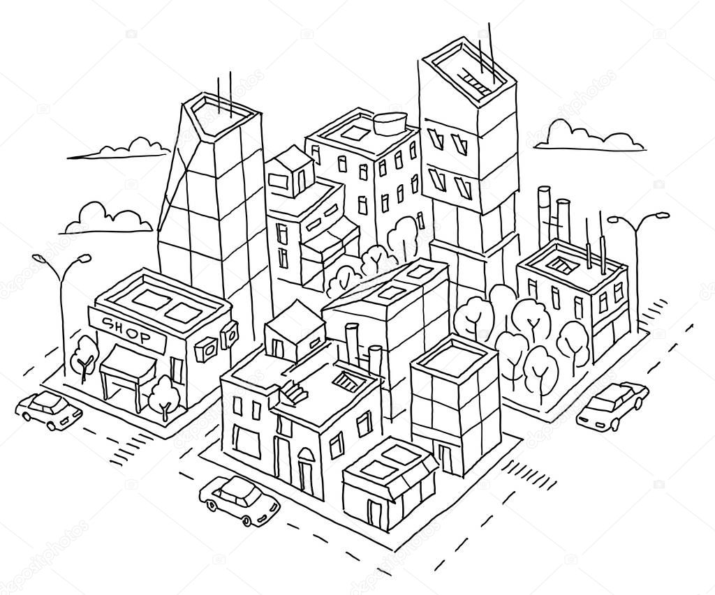 isometric quarter big city sketch. Skyscrapers and high-rise buildings. Home architecture city center. Hand drawn black line