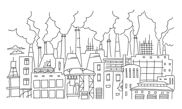 Industrial pollution big city panorama sketch. Hand drawn vector stock line illustration. Building landscape. — Stock Vector