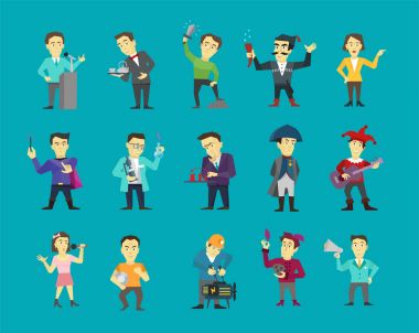 Farklı karakter tasarım kümesi. Hoparlör politikacı ve diğerleri. Mavi bir arka plan üzerinde düz renk vektör çizim hisse senedi clipart