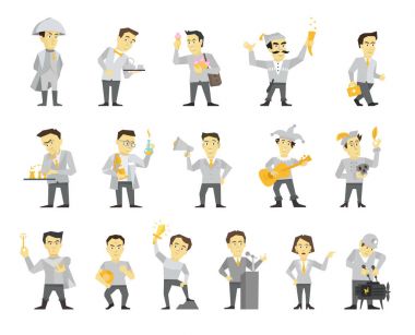 On altı farklı karakter tasarım kümesi. Hoparlör politikacı ve diğerleri. Düz renk vektör çizim hisse senedi clipart.