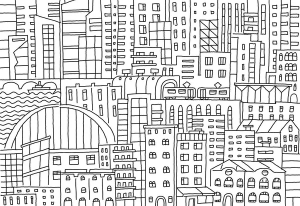 Gran ciudad fondo textura rascacielos bosquejo edificios línea esqueleto trazos Arquitectura moderna paisaje. ilustración de stock vectorial dibujado a mano . — Vector de stock