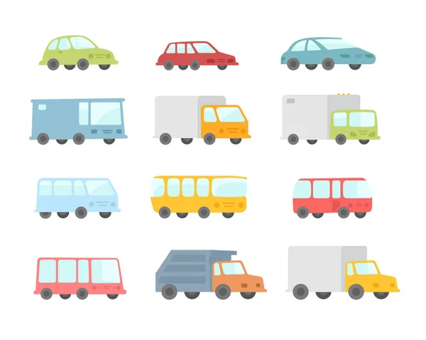 Set di diversi cartoni animati auto trasparenti autobus e camion. Illustrazione dello stock vettoriale piatto . — Vettoriale Stock
