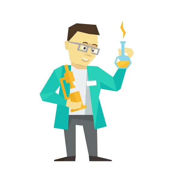 Persoon wetenschapper uitvinder zakenman. De scheikundige clever met lamp en Microscoop in een badjas met een bril. Egale kleur vectorillustratie. — Stockvector