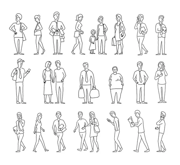 Set sketch a lot of different people. Many ordinary people on the street. Hand drawn black line vector stock illustration. — Stock Vector