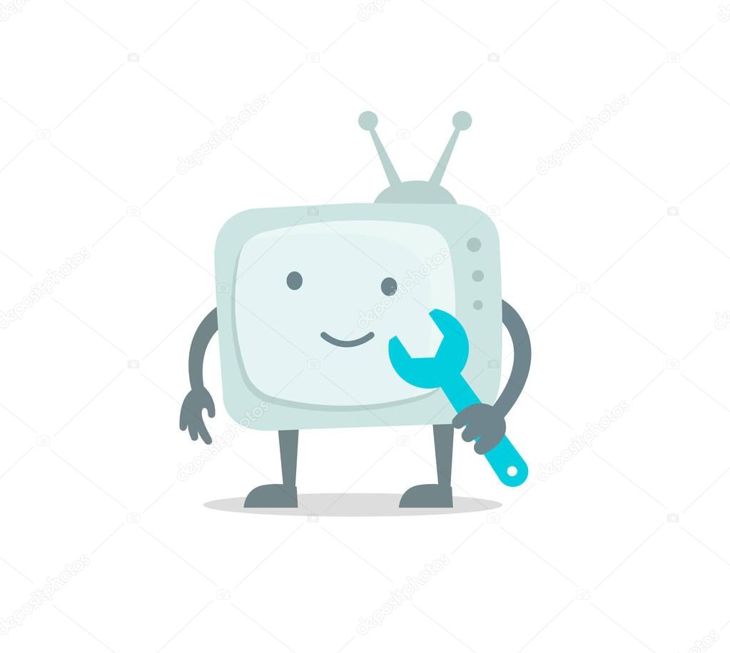 Televisor character with face, legs and hands. Repair set. Telly television goggle-box fixing with wrench set 404 character set with wrench spanner repairs. Color vector illustration stock.