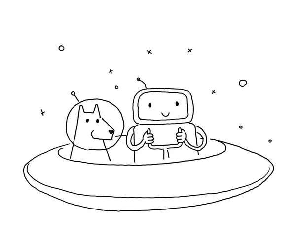 Sketch robot alien character with dog. On flying saucer in space. Hand drawn black line vector illustration. — Stock Vector