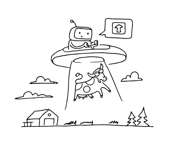 Schizzo UFO rubare una mucca. Robot personaggio alieno. 404 errore non pagina. Sul disco volante. Illustrazione vettoriale linea nera disegnata a mano . — Vettoriale Stock