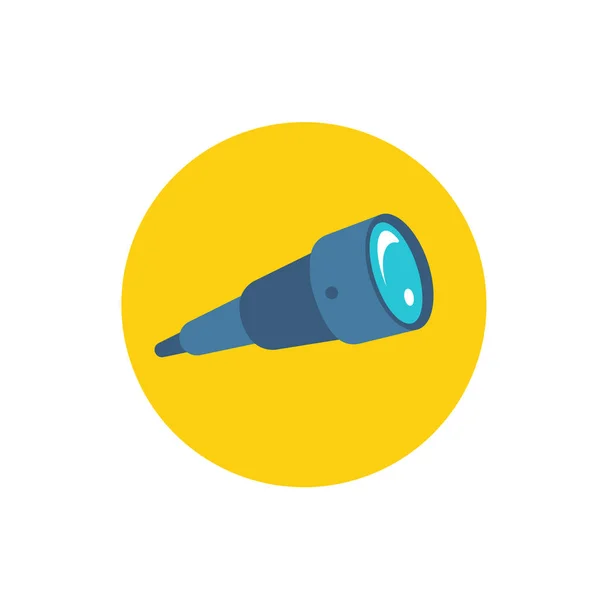 Spyglass. Ikon pada lingkaran kuning latar belakang. Perhatikan pencarian. Favicon untuk situs web atau halaman hasil pencarian. Ilustrasi vektor warna rata - Stok Vektor