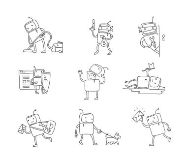 Sketch robot set character with business. House cleaning. Dog walking. Different situations. Hacking a computer. Hand drawn black line vector illustration. clipart