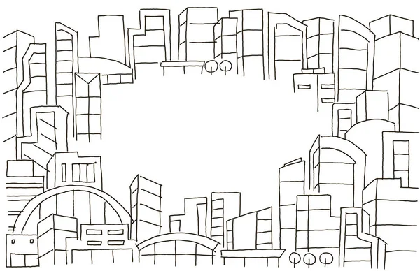 不動産の賃貸に関するテキストの背景をスケッチします。サークル フレームの集合住宅。手には、黒い線が描画されます。フラット ベクトル イラスト素材クリップアート — ストックベクタ