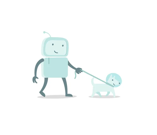 Robot character astronaut man walk with dog on a leash. Flat color vector illustration — Stock Vector