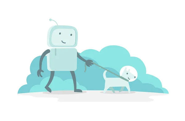 Ρομπότ χαρακτήρα αστροναύτης άνδρα με τα πόδια με σκύλο σε ένα λουρί. Εικονογράφηση διάνυσμα επίπεδη χρώμα — Διανυσματικό Αρχείο