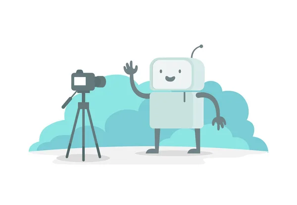 Videoobloger ρομπότ χαρακτήρα μπροστά από την κάμερα. Ρεύμα δείχνει στο βίντεο. Σωλήνα selfie καταγραφής για εσάς. Η δημοσιογράφος ειδήσεις ρεπορτάζ. Εικονογράφηση διάνυσμα επίπεδη χρώμα — Διανυσματικό Αρχείο