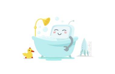 Emoji etiket robot banyoda bathin alıyor. Çok güzel resim dinlenme, pul pul dökülme köpüklü şampuan. Dinlenme molası. Düz renk vektör çizim