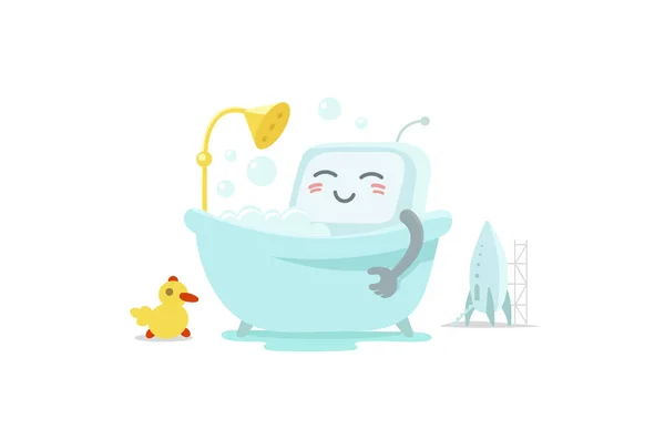 Emoji klistermärke robot tar bathin i badrummet. Mycket söt bild resten, exfoliering skum shampoo. Paus för vila. Platt färg vektorillustration — Stock vektor